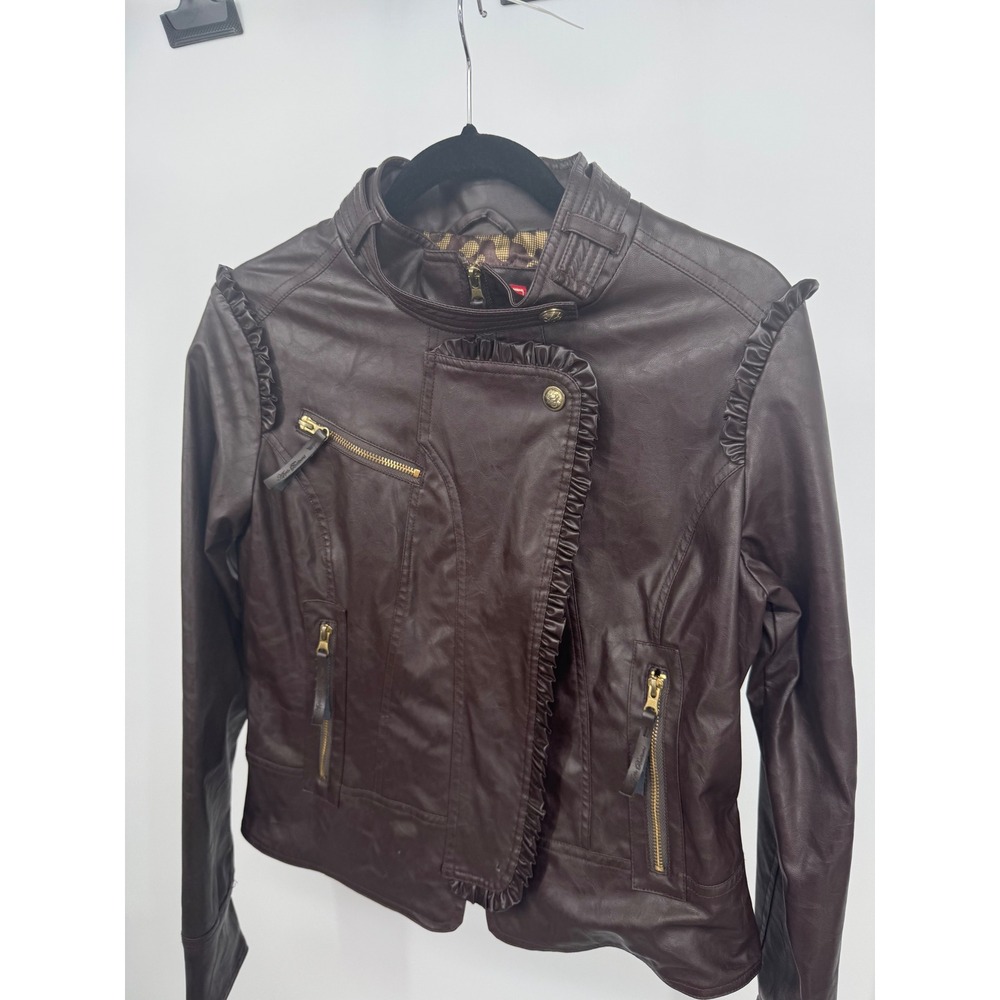 Apple Bottoms Womens Brown Faux Leather Ruffle Moto Jacket Leopard Lining L - Picture 3 of 13